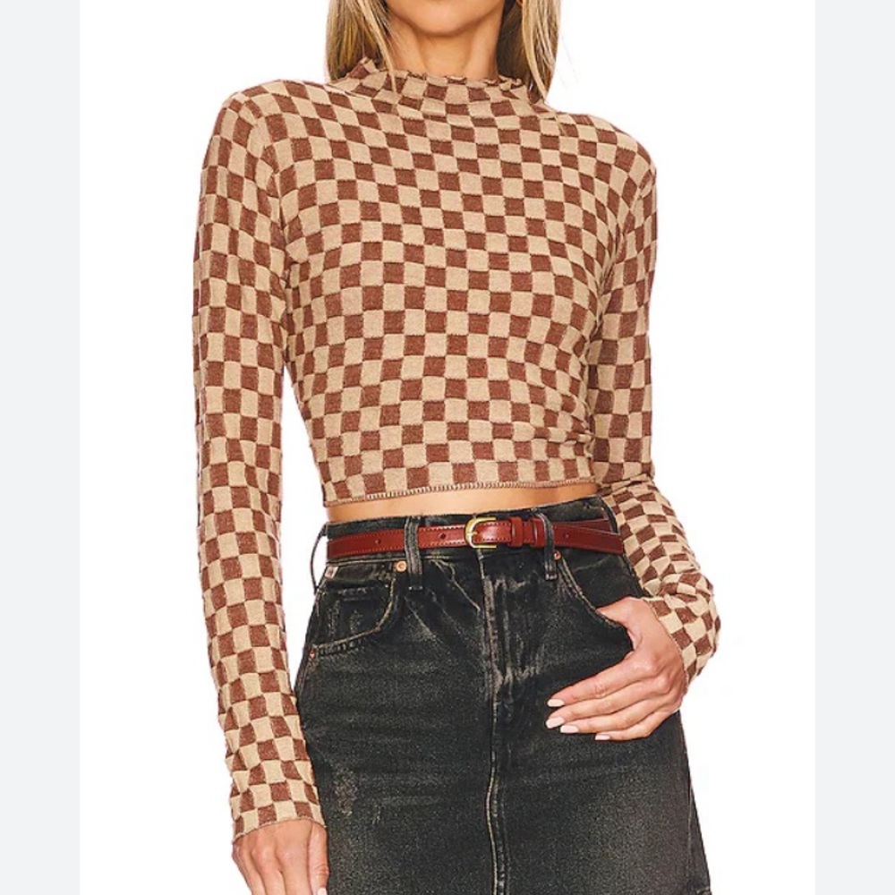 ASTR the Label Izzy checkered brown & taupe long sleeve crop top, small, EUC